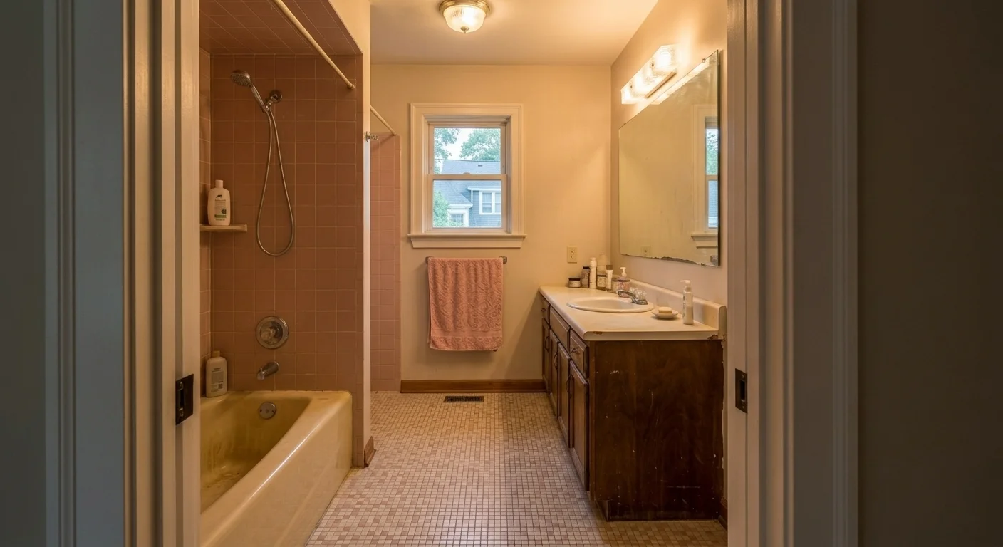 Master bathroom before remodel in Bethesda MD — dated tile, old fixtures