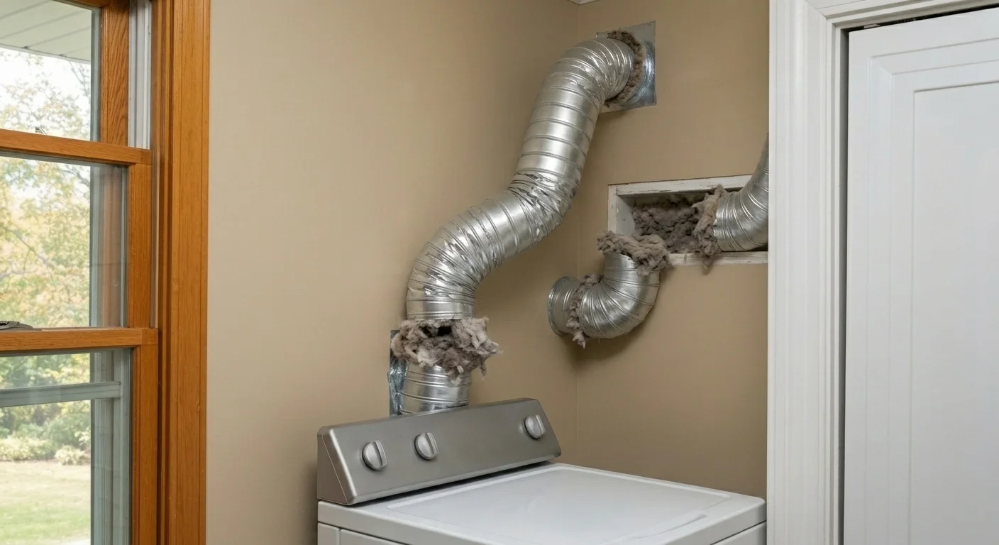 Kinked dryer vent hose full of lint before replacement in Silver Spring MD