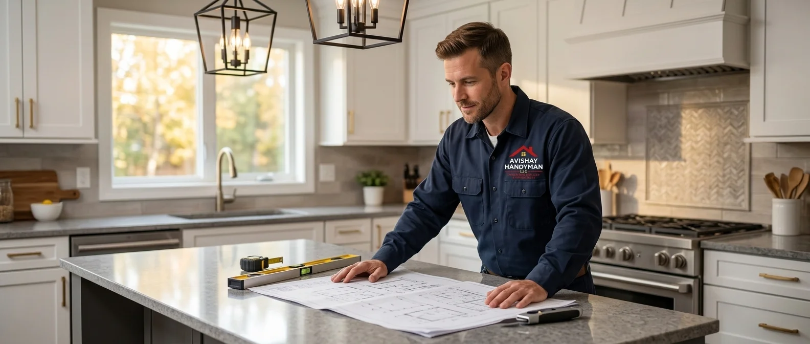 Avishay Handyman LLC contractor reviewing kitchen remodel blueprints in Silver Spring MD
