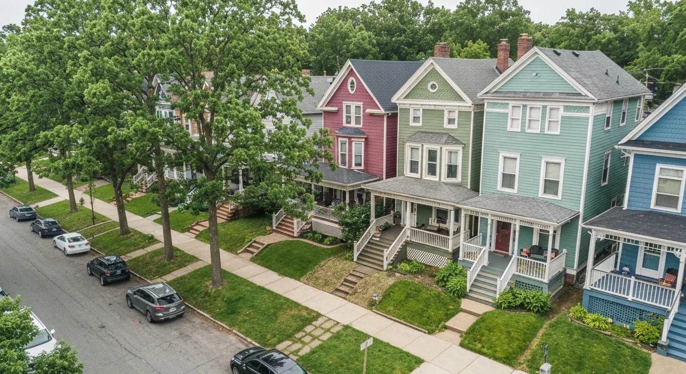 Colorful Victorian homes on a tree-lined street in Takoma Park MD