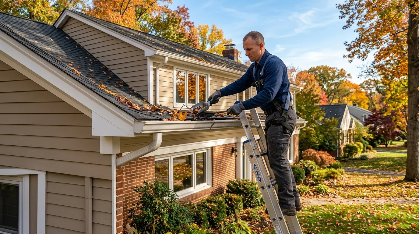 Seasonal home maintenance checklist Kensington MD — handyman inspecting gutter on house exterior