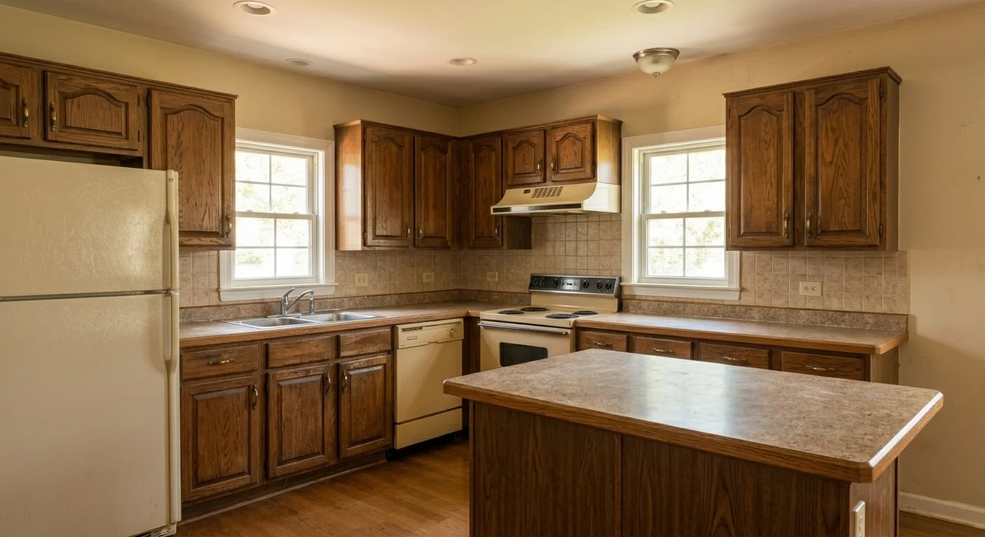 Outdated kitchen before remodel in Silver Spring MD — dark oak cabinets, old laminate countertops