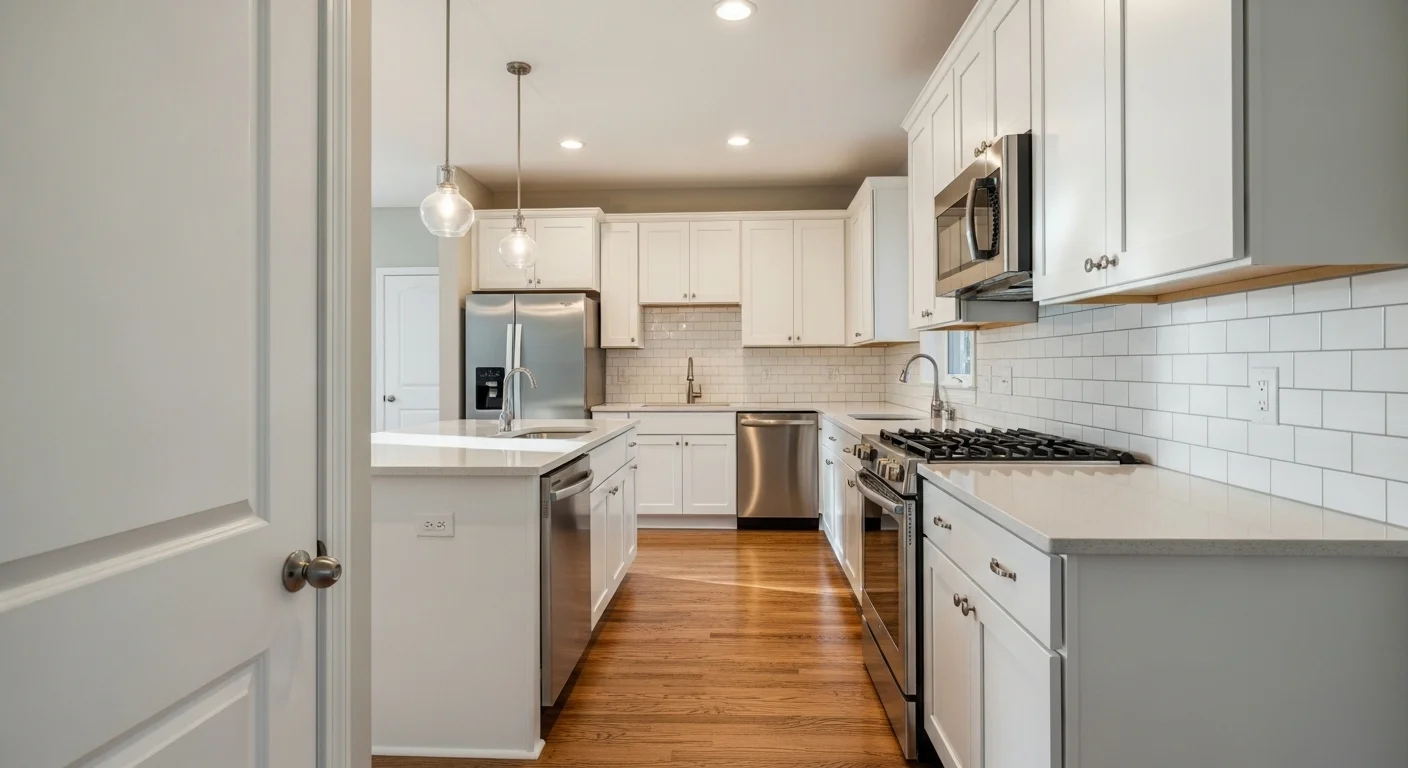 Completed kitchen remodel in Silver Spring MD — white shaker cabinets, quartz countertops, pendant lights