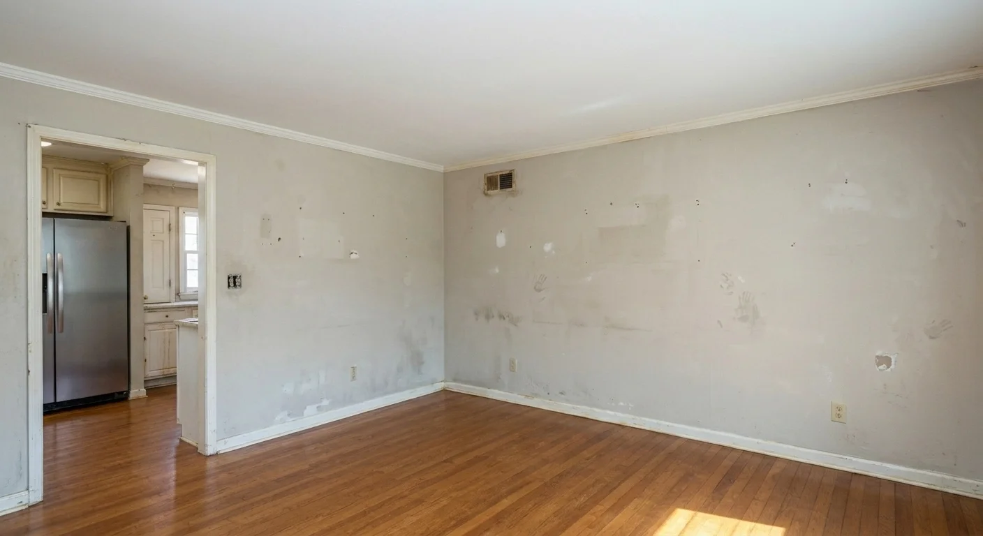 Living room before painting in Silver Spring MD — faded scuffed walls, old color