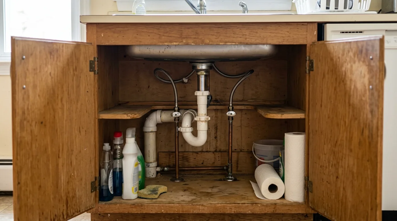 Plumbing problems in Silver Spring older homes — handyman inspecting under sink