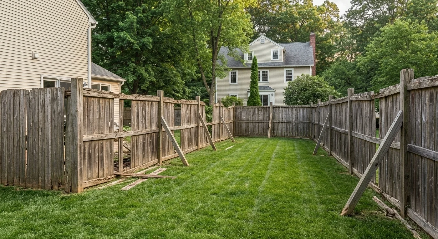 Old rotted damaged wood fence before repair in Silver Spring MD — leaning posts, missing boards