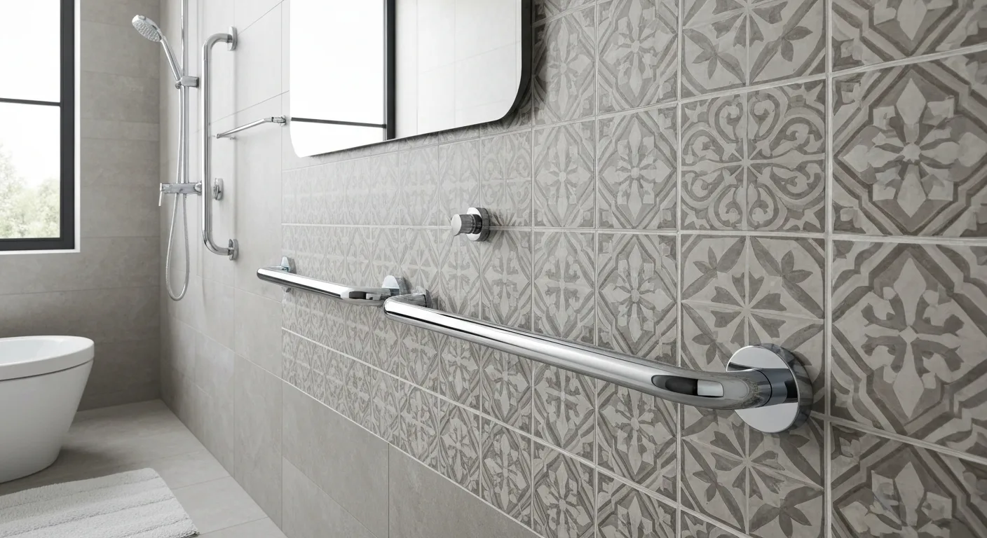 Stylish chrome grab bars installed in a modern Silver Spring bathroom
