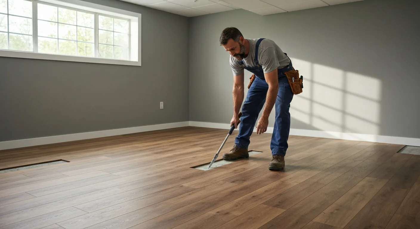 Handyman installing luxury vinyl plank flooring in a Silver Spring basement