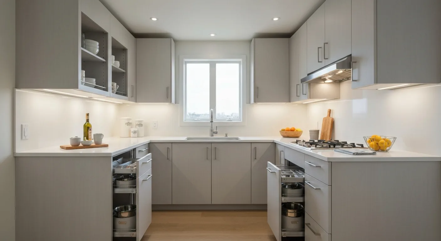 Small galley kitchen with clever storage solutions and open shelving