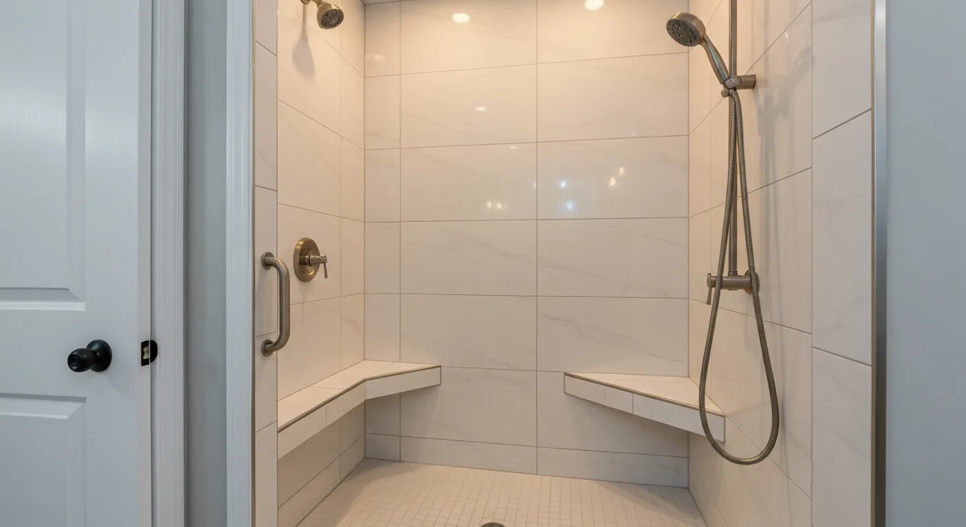 Walk-in shower with bench and handheld showerhead in a Silver Spring MD bathroom remodel