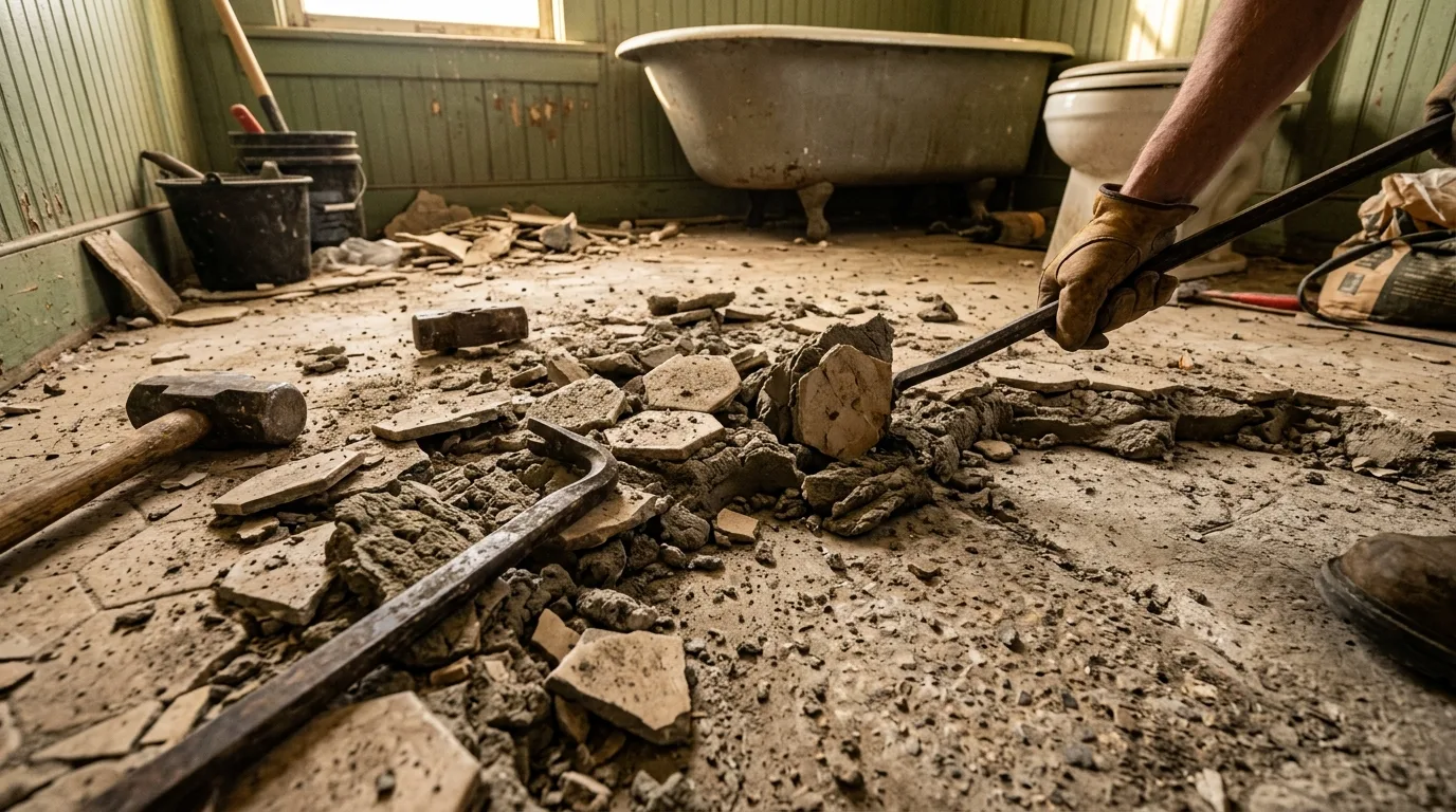 Bathroom remodeling in Chevy Chase — Old mortar-bed tile being removed during bathroom demolition
