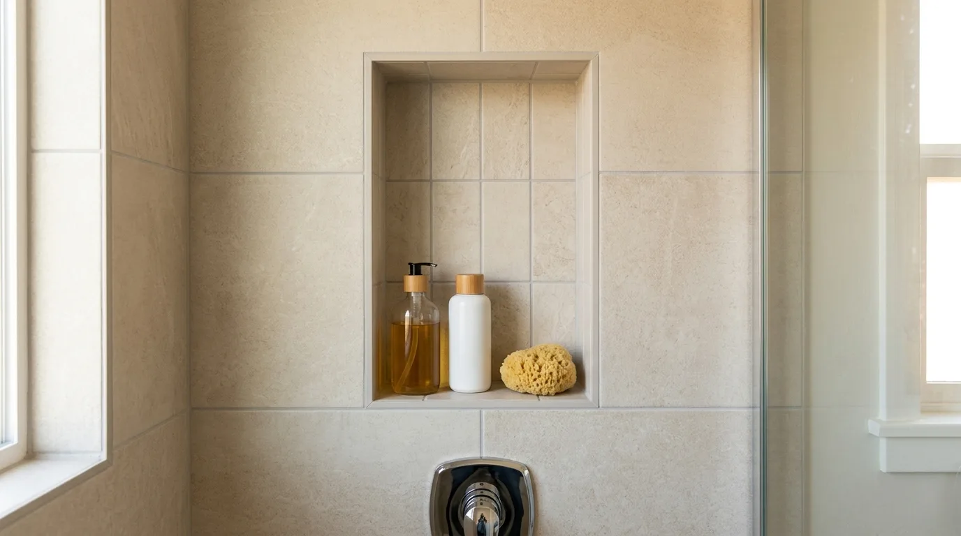 Bathroom remodeling in Gaithersburg — Recessed tile shower niche built into a bathroom wall