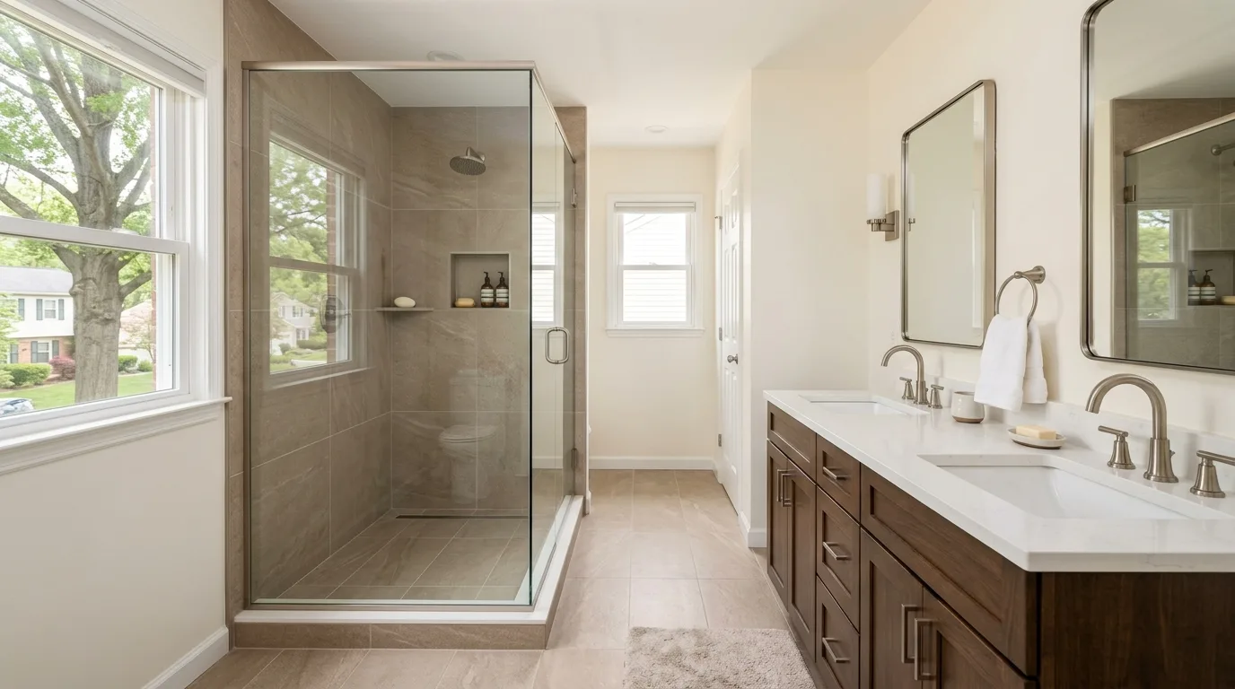 Bathroom remodeling in Gaithersburg — finished bathroom with tiled shower and vanity