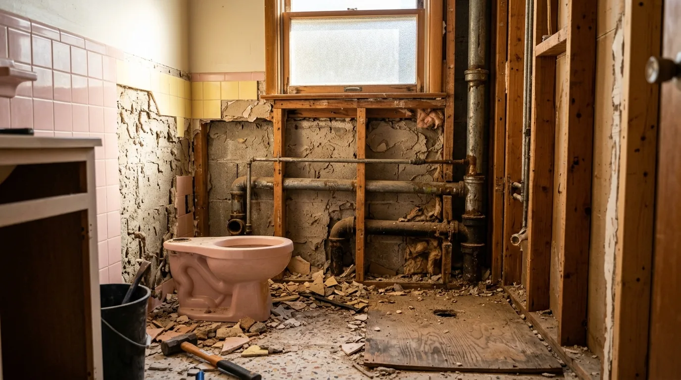 Bathroom remodeling in Rockville — Bathroom demolition revealing old plumbing in a Rockville MD home