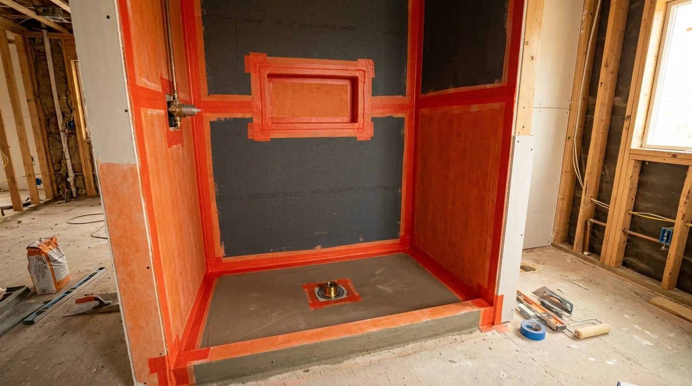 Bathroom remodeling in Rockville — Shower waterproofing membrane before tile in a Rockville MD bathroom