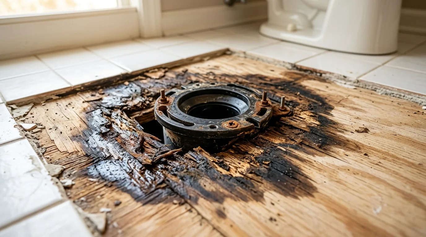 Bathroom remodeling in Takoma Park — Soft subfloor found around a toilet flange