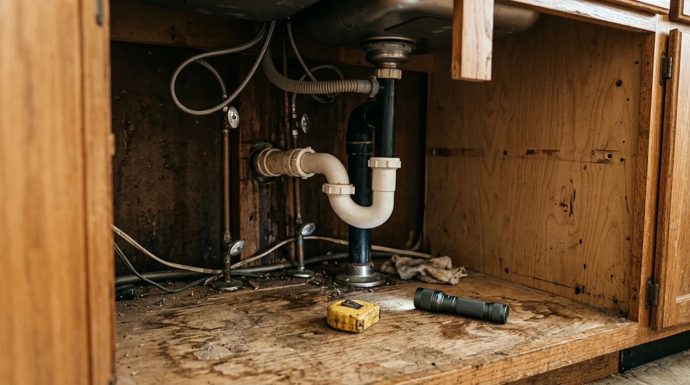 Cabinet refacing vs replacement — Checking cabinet box condition under a kitchen sink