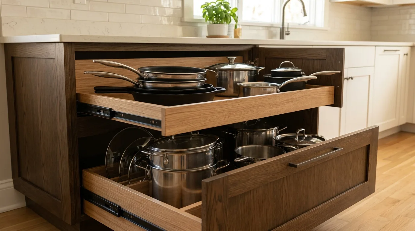 Cabinet refacing vs replacement — Deep kitchen drawers replacing lower cabinet shelves