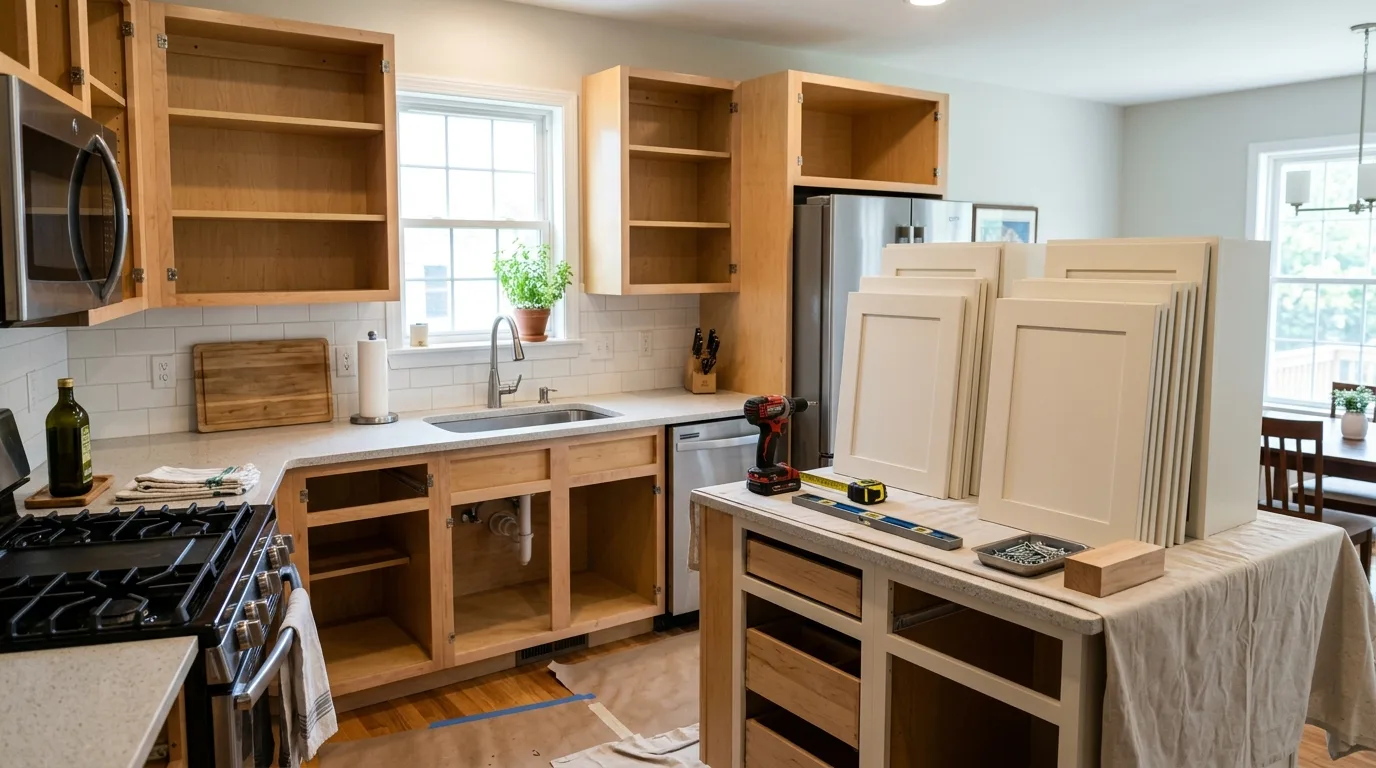 Cabinet refacing vs replacement — kitchen cabinets partway through refacing