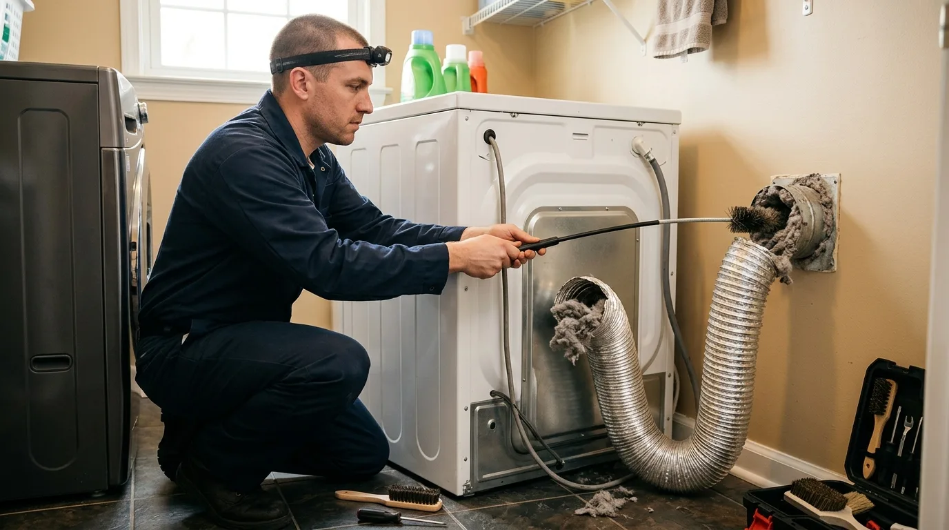 Dryer vent cleaning in Silver Spring — a technician cleaning a clothes dryer vent duct behind a dryer