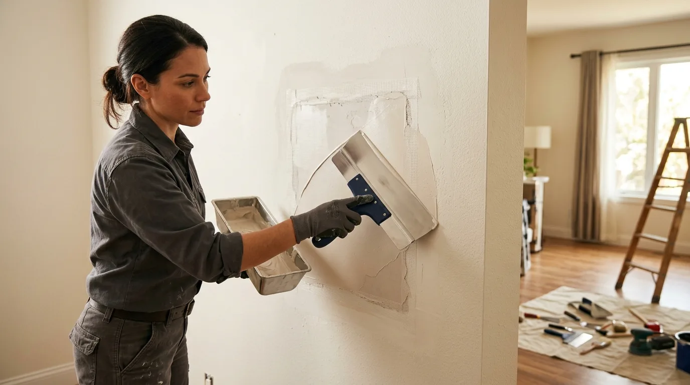 Drywall repair in Silver Spring — a tradesperson applying joint compound with a wide taping knife over a drywall patch on an interior wall