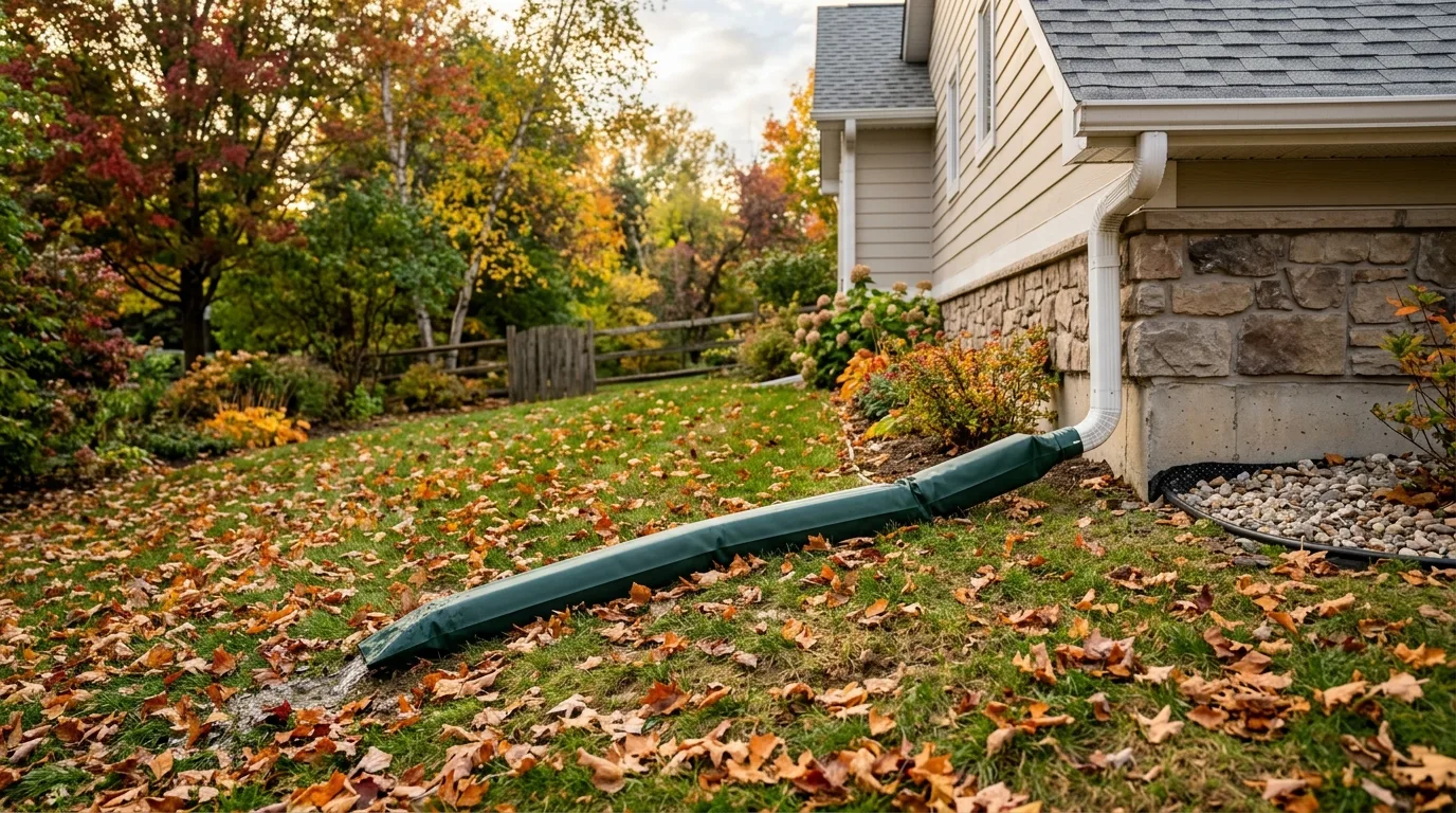 Fall home maintenance in Montgomery County — Downspout extension carrying water away from a foundation