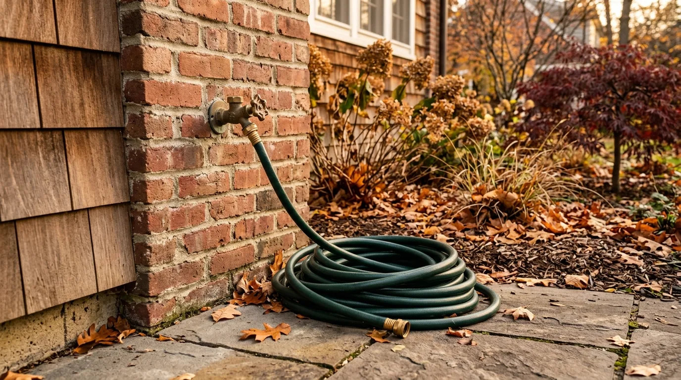 Fall home maintenance in Montgomery County — Garden hose disconnected from an outdoor faucet before winter