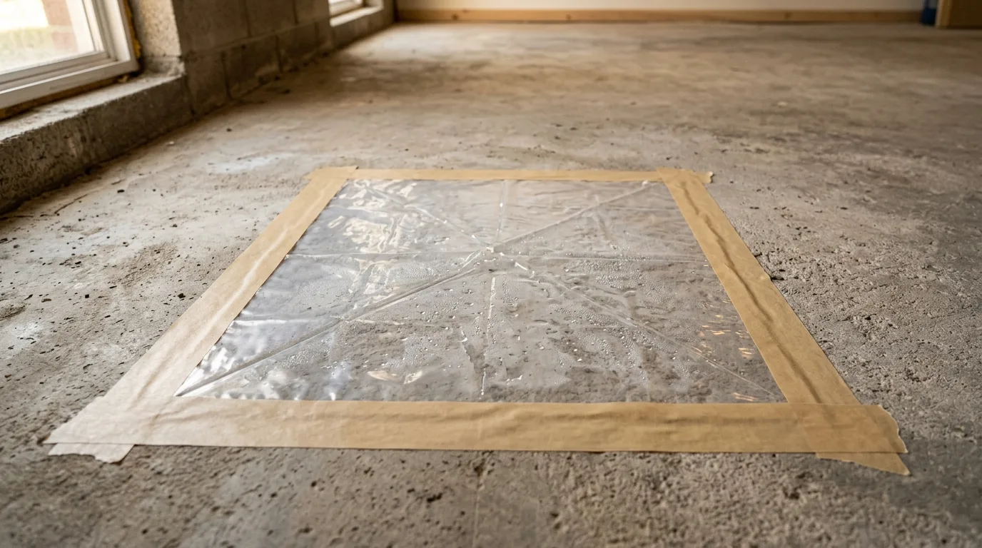 Flooring installation in Gaithersburg — Moisture test taped to a basement concrete slab