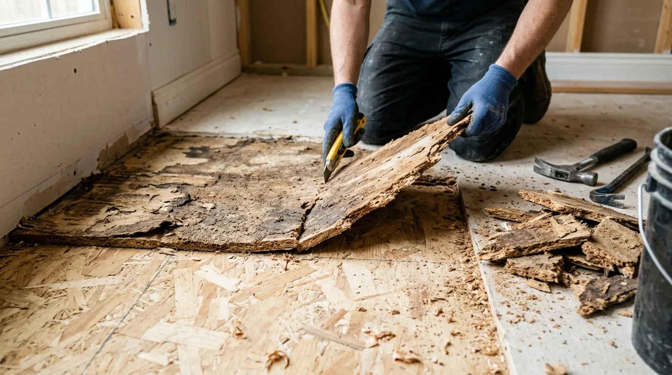 Flooring installation in Gaithersburg — Damaged particleboard underlayment being replaced