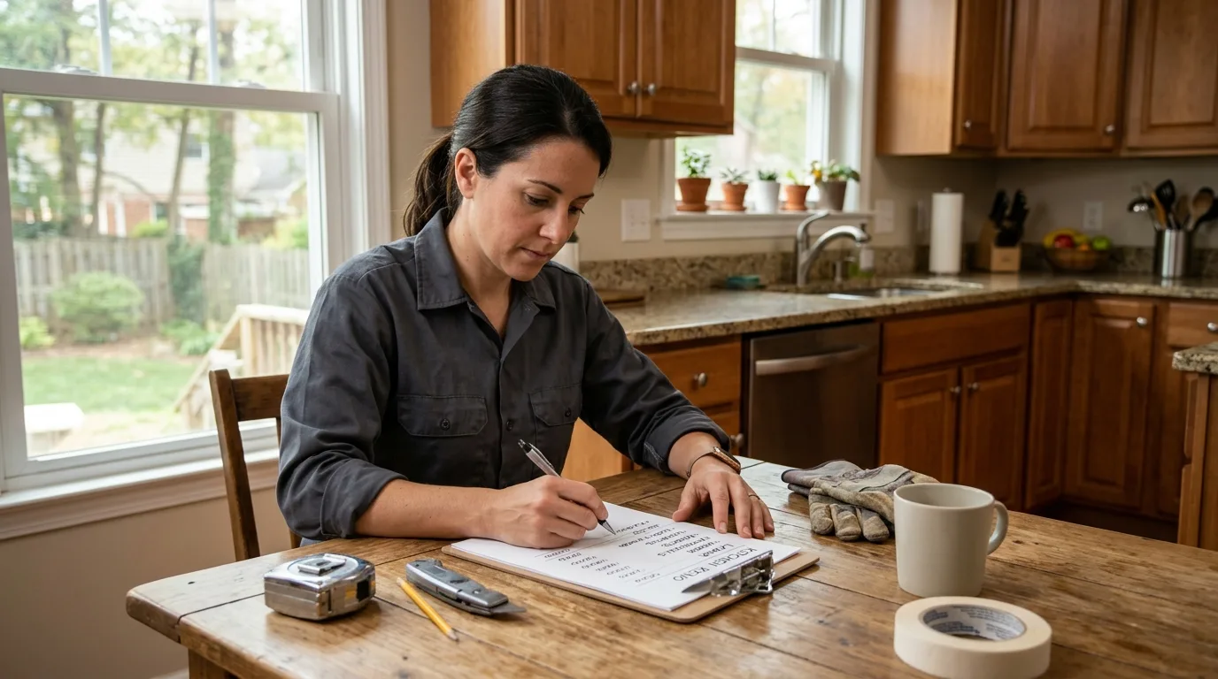 Handyman vs contractor in Silver Spring — a professional reviewing a written project estimate on a clipboard at a kitchen table