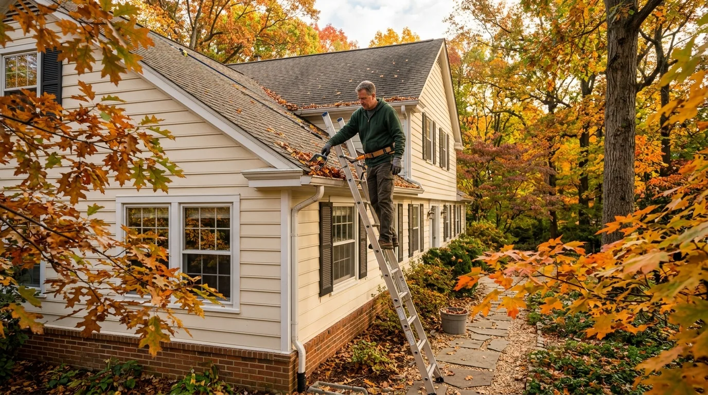 Home maintenance in Kensington — a homeowner clearing autumn leaves from the gutter of a kensington maryland house