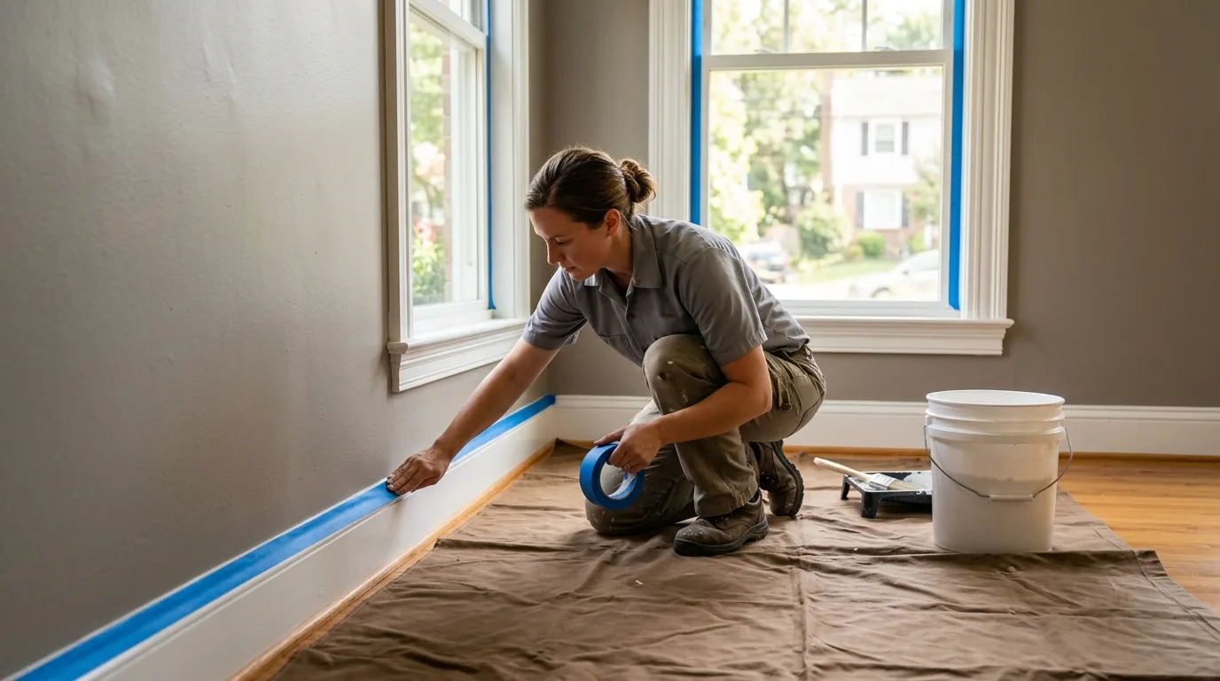 Interior painting in Silver Spring — a painter masking interior trim with painter's tape and protecting the floor before painting a room