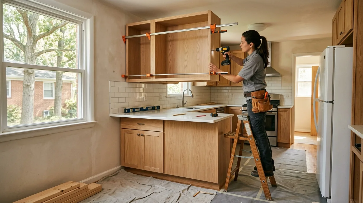 New kitchen cabinets being installed in a Bethesda MD home