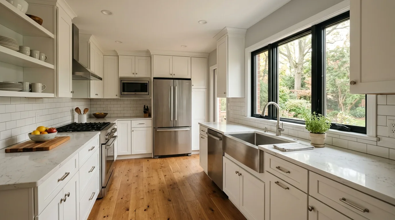 Kitchen remodeling in Bethesda — renovated kitchen with shaker cabinets and quartz counters