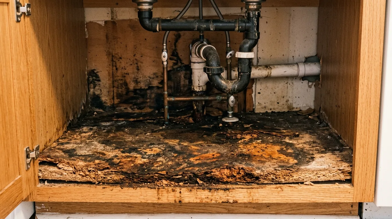 Kitchen remodeling in College Park — Water damage found in a base cabinet under a kitchen sink