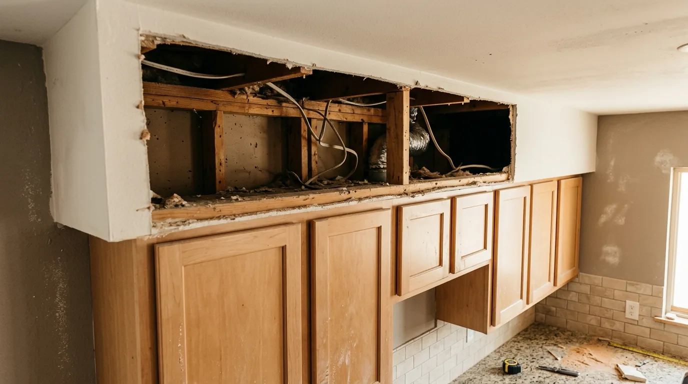 Kitchen remodeling in Rockville — Dropped soffit above kitchen cabinets being removed