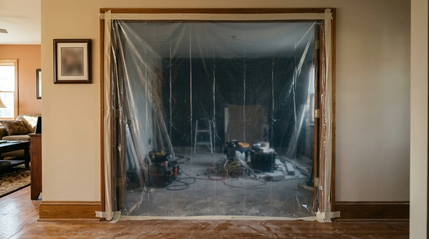Living without a kitchen during a remodel — Plastic dust sheeting taped across a doorway during kitchen demolition