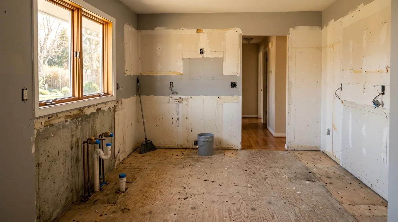 Living without a kitchen during a remodel — Kitchen stripped to bare walls partway through a remodel