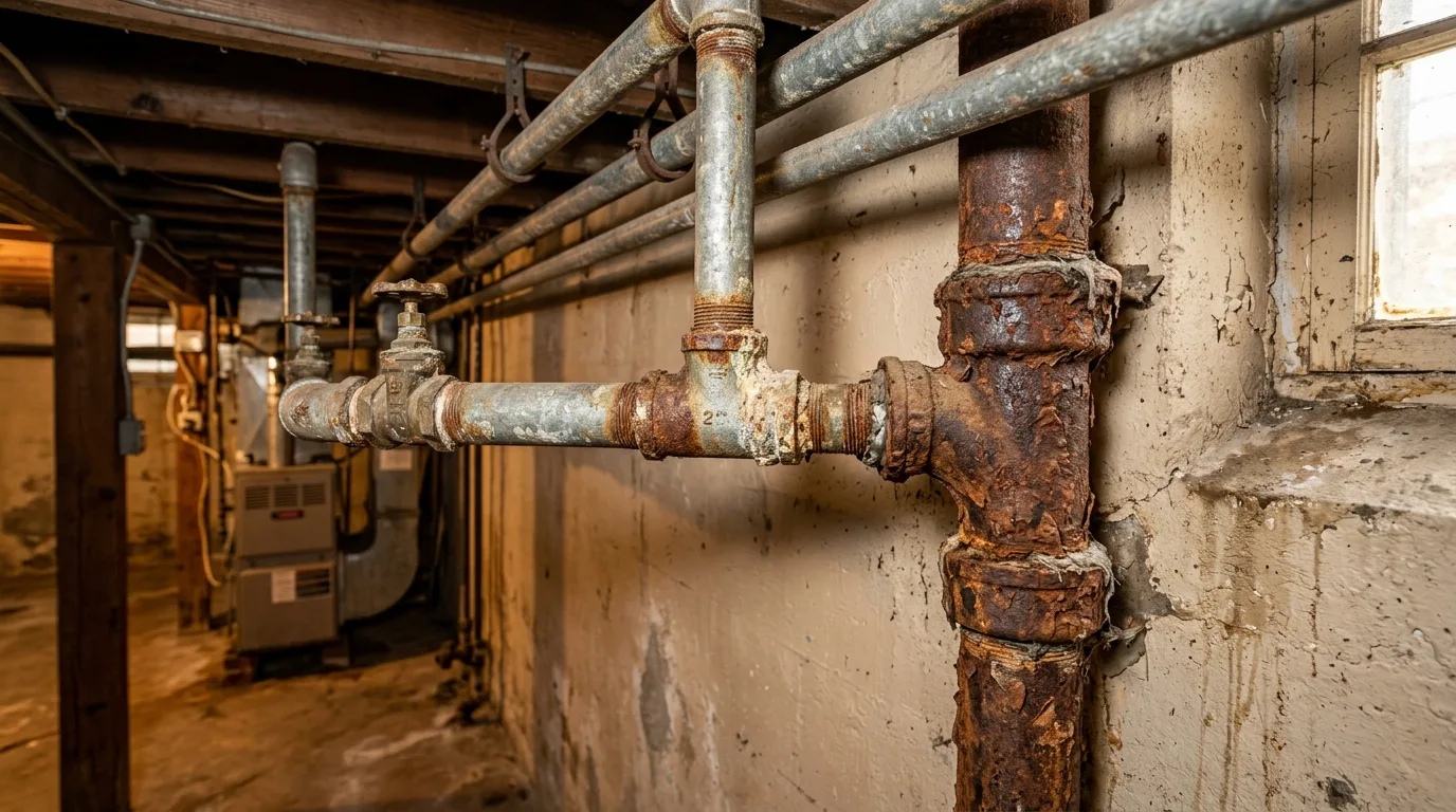 Plumbing problems in Silver Spring — aged galvanized steel water supply pipes and a cast iron waste line