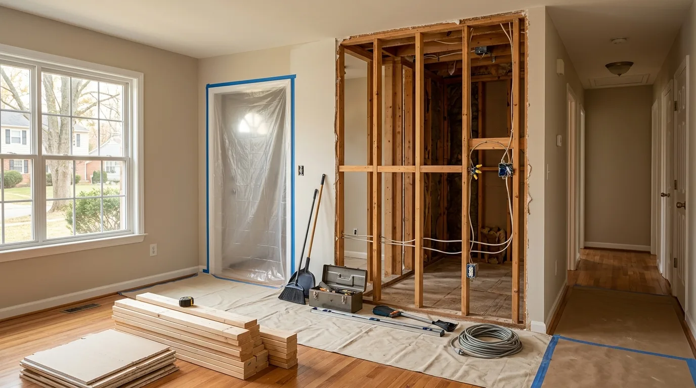 Remodel permit in Montgomery County — Interior wall opened during a permitted home remodel in Maryland
