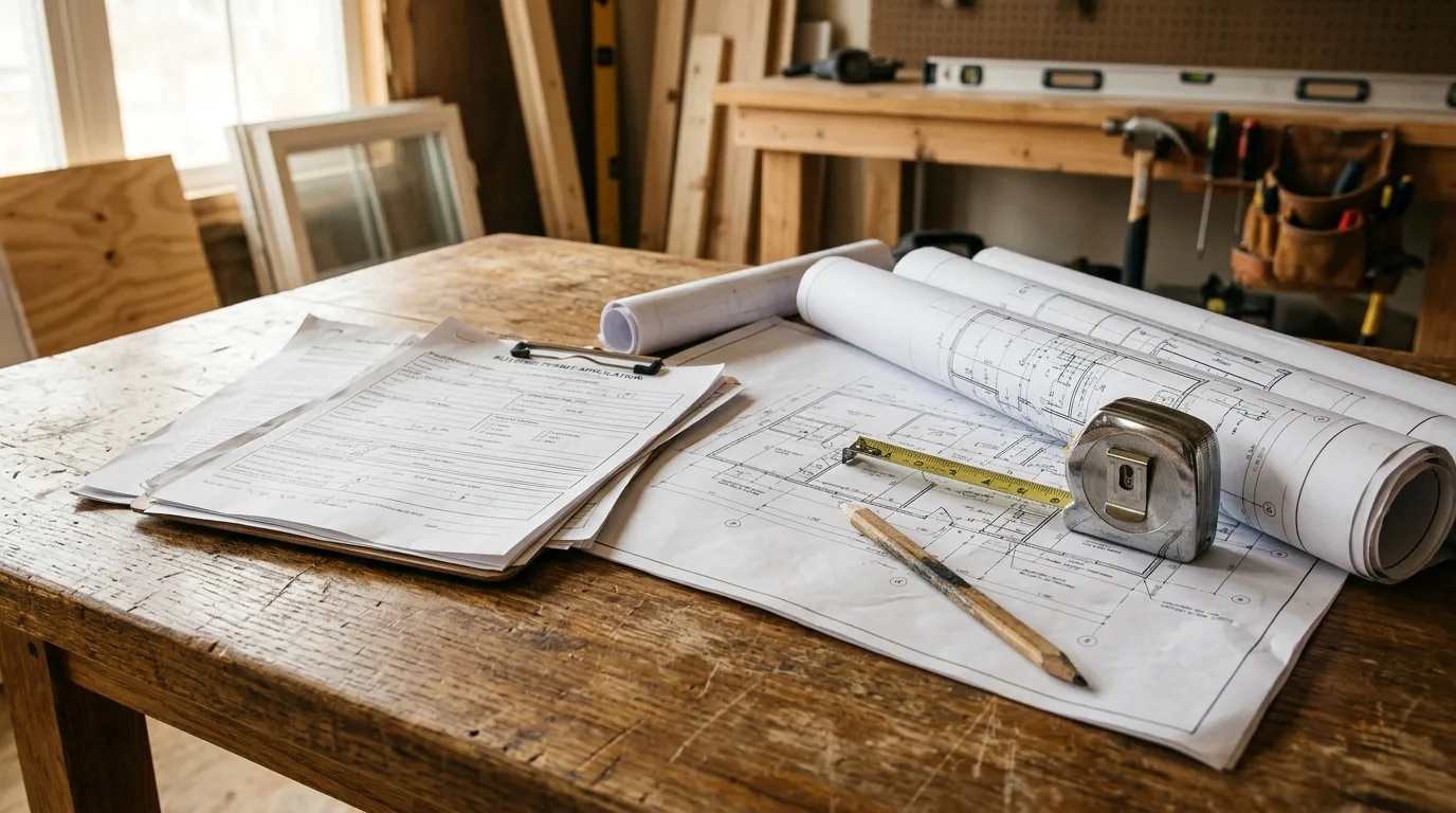 Remodel permit in Montgomery County — building permit paperwork and plans on a work table