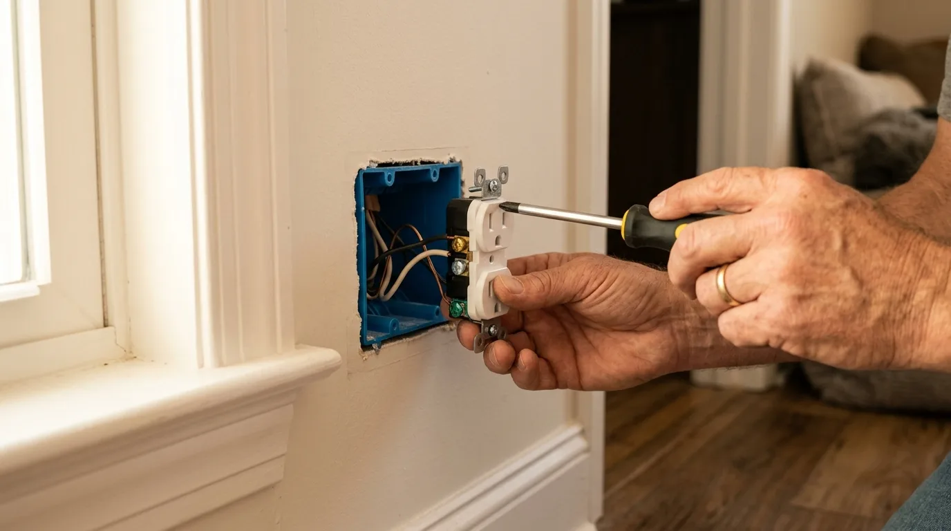 Replacing electrical outlets in Silver Spring — close view of hands installing a new white electrical outlet