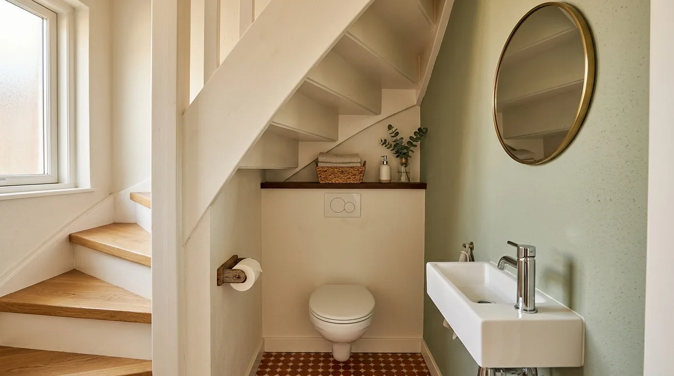 Small bathroom layouts — Compact powder room under a staircase