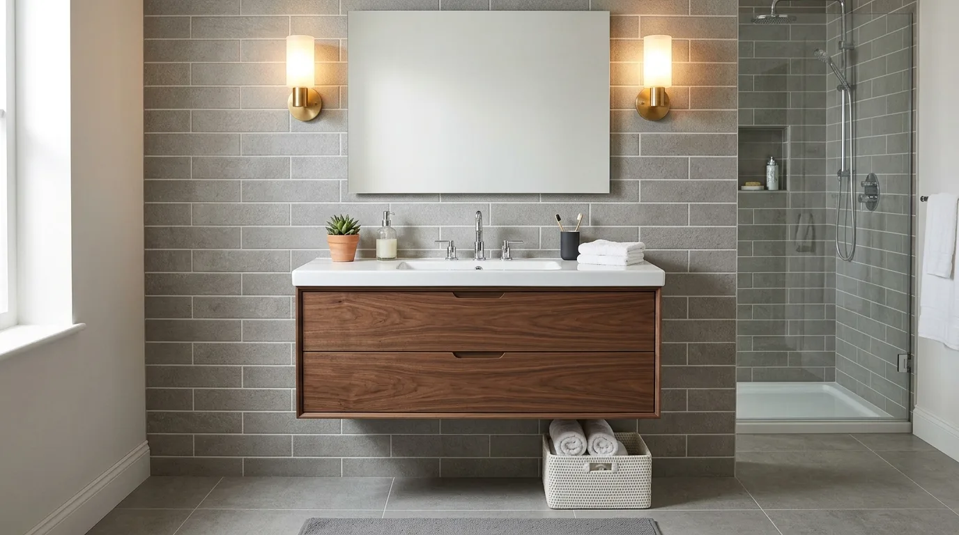 Small bathroom layouts — Wall-hung bathroom vanity with drawers in a small bathroom