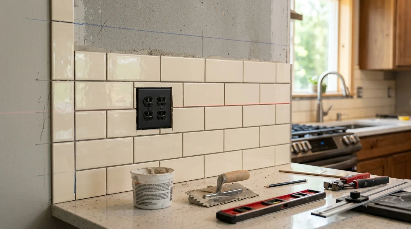 Tile installation in Rockville — Kitchen backsplash tile cut neatly around an outlet