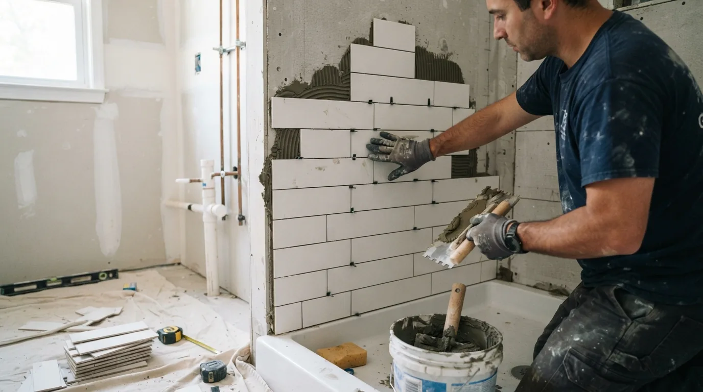 Bathroom remodel sequence — wall tiling in progress