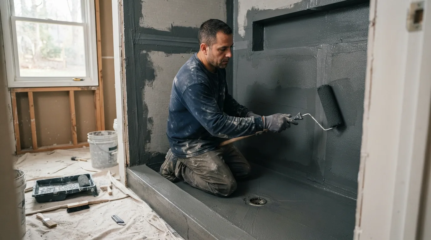 Bathroom remodel order of operations — waterproof membrane applied before tiling