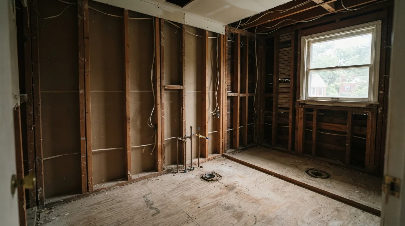 Bathroom remodel order of operations — stripped bathroom ready for rough-in