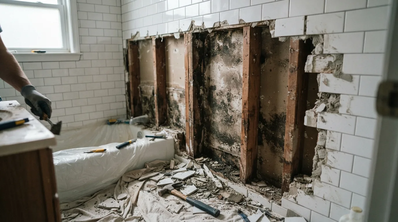 Bathroom remodeling in Silver Spring MD — old tile removed showing failed substrate