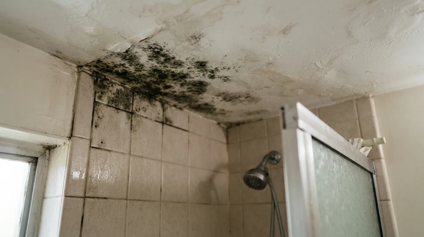Bathroom ventilation — dark mold growth in a bathroom corner